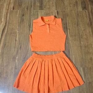 Orange Sleeveless Daisy Crop Top and Pleated Skirt Sweater Set